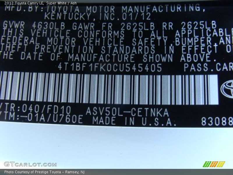 Super White / Ash 2012 Toyota Camry LE