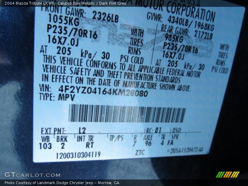 2004 Tribute LX V6 Calypso Blue Metallic Color Code L2