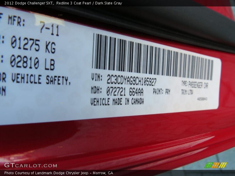 Redline 3 Coat Pearl / Dark Slate Gray 2012 Dodge Challenger SXT