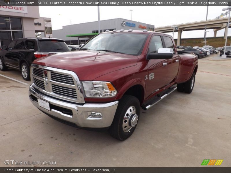 Deep Cherry Red Crystal Pearl / Light Pebble Beige/Bark Brown 2012 Dodge Ram 3500 HD Laramie Longhorn Crew Cab 4x4 Dually