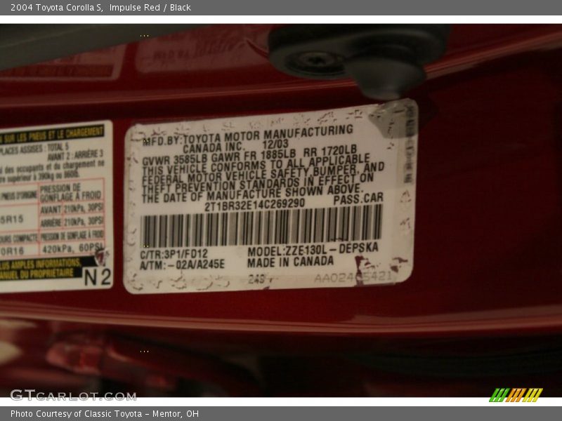Impulse Red / Black 2004 Toyota Corolla S