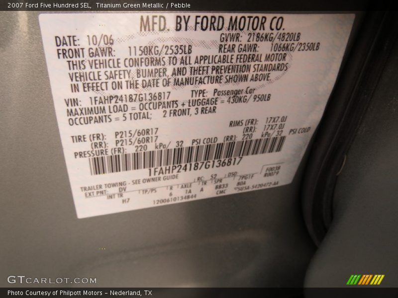 2007 Five Hundred SEL Titanium Green Metallic Color Code DV
