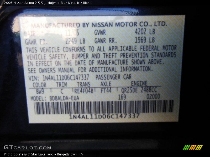 Majestic Blue Metallic / Blond 2006 Nissan Altima 2.5 SL