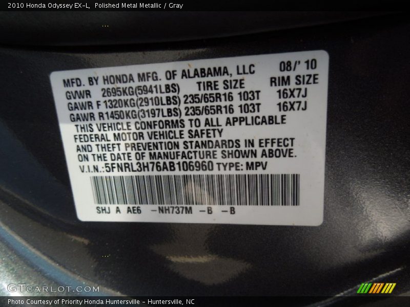 Polished Metal Metallic / Gray 2010 Honda Odyssey EX-L