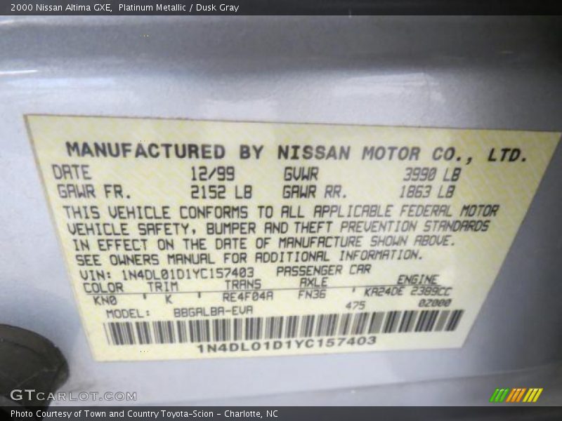 2000 Altima GXE Platinum Metallic Color Code KN0