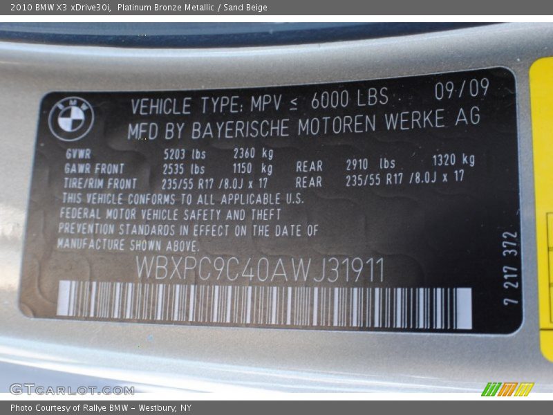 Platinum Bronze Metallic / Sand Beige 2010 BMW X3 xDrive30i