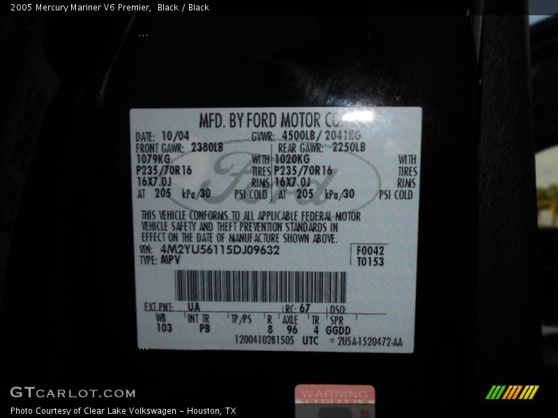 2005 Mariner V6 Premier Black Color Code UA