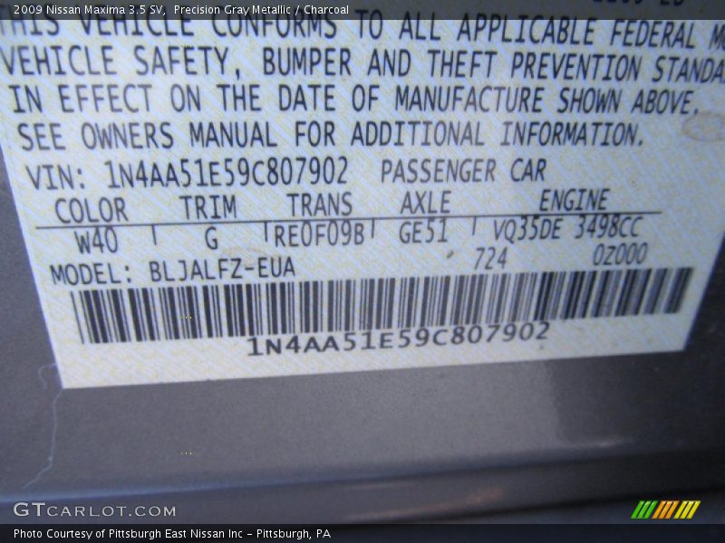 Precision Gray Metallic / Charcoal 2009 Nissan Maxima 3.5 SV