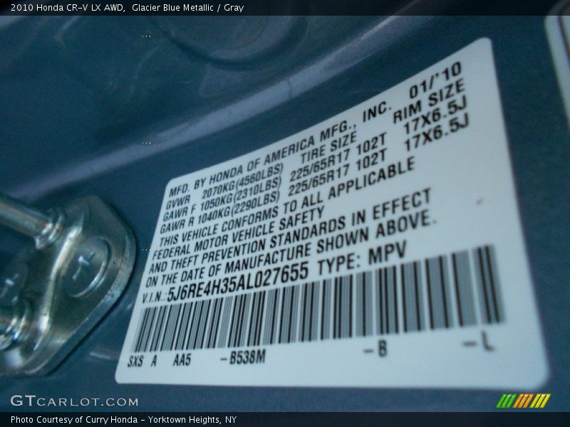 Glacier Blue Metallic / Gray 2010 Honda CR-V LX AWD