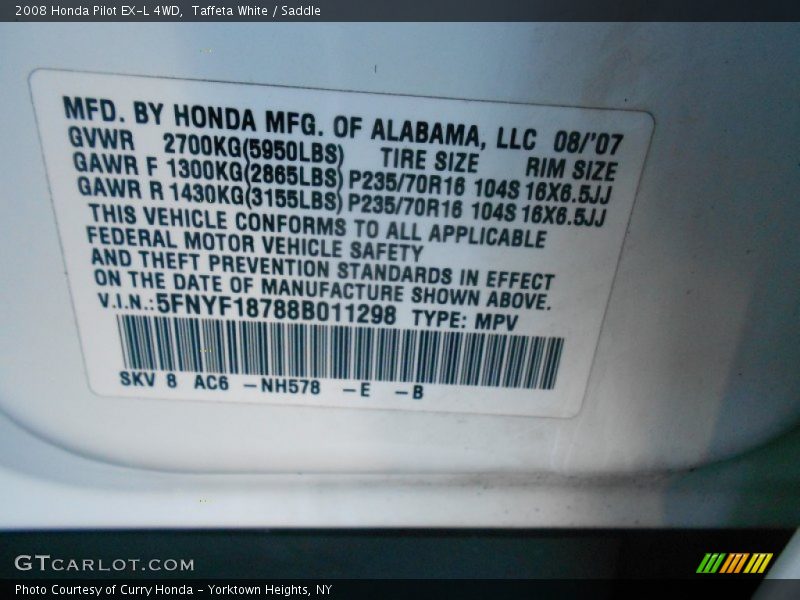 Taffeta White / Saddle 2008 Honda Pilot EX-L 4WD
