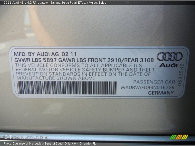 Savana Beige Pearl Effect / Velvet Beige 2011 Audi A8 L 4.2 FSI quattro