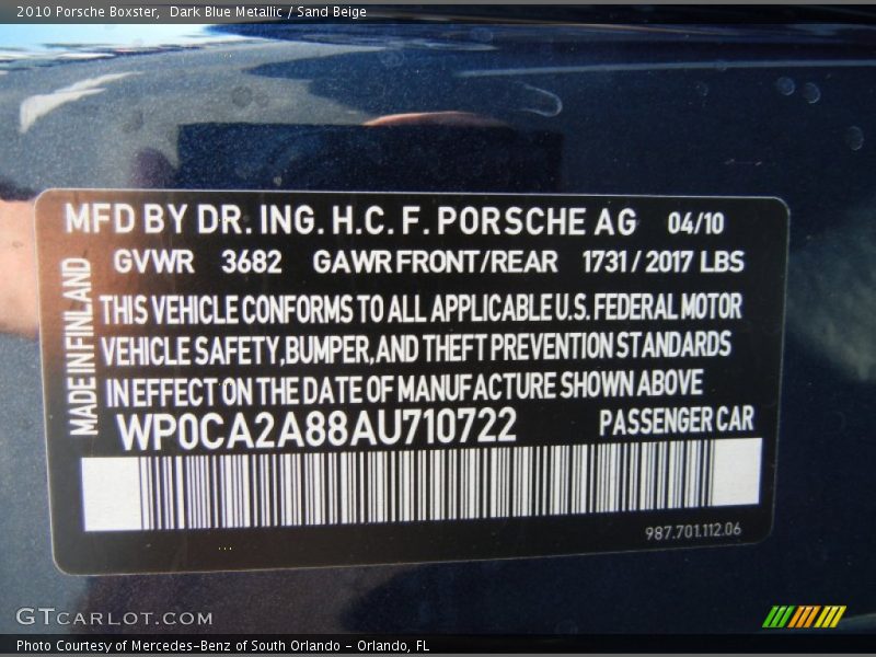 Info Tag of 2010 Boxster 