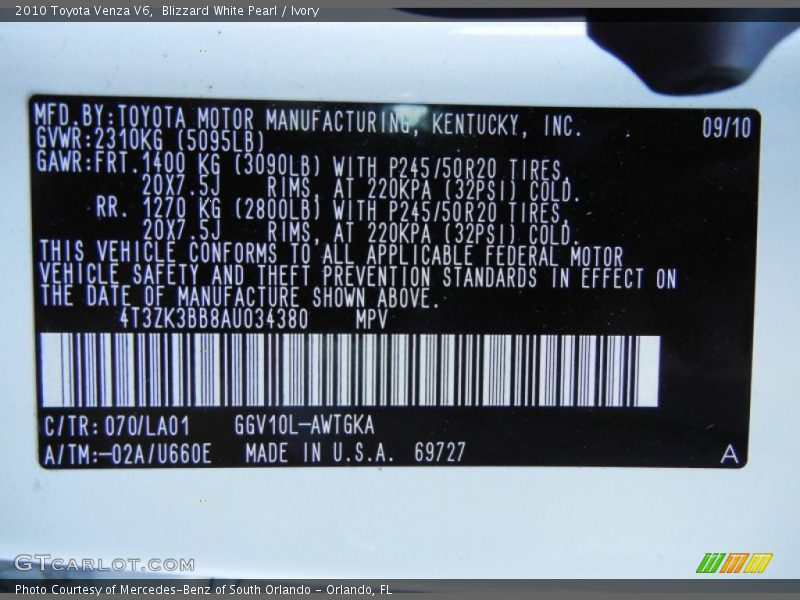 Blizzard White Pearl / Ivory 2010 Toyota Venza V6