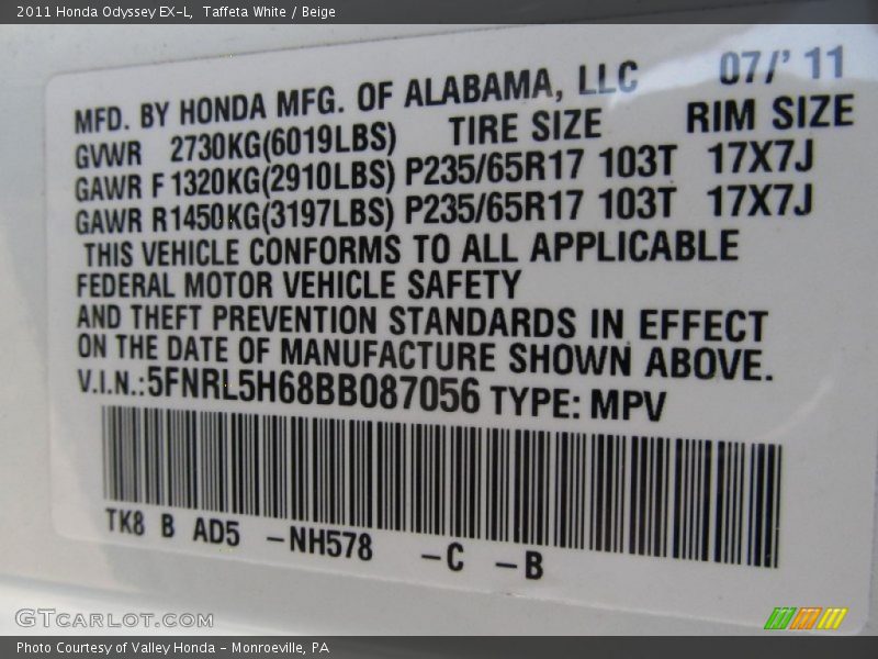 Taffeta White / Beige 2011 Honda Odyssey EX-L