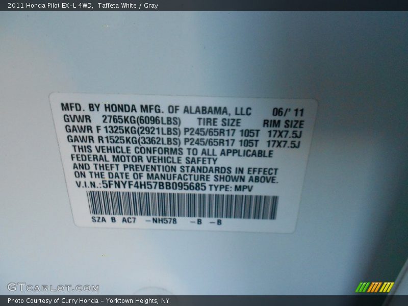 Taffeta White / Gray 2011 Honda Pilot EX-L 4WD