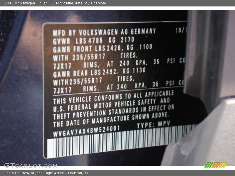 Night Blue Metallic / Charcoal 2011 Volkswagen Tiguan SE