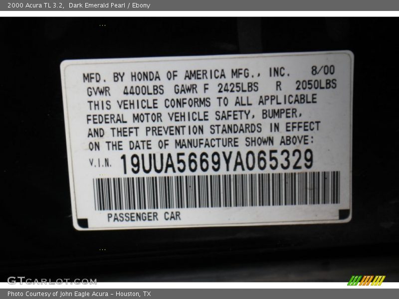 Dark Emerald Pearl / Ebony 2000 Acura TL 3.2