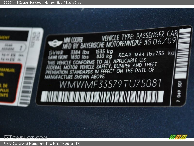 Horizon Blue / Black/Grey 2009 Mini Cooper Hardtop