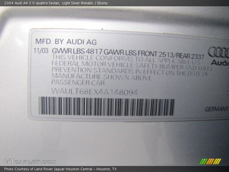 Light Silver Metallic / Ebony 2004 Audi A4 3.0 quattro Sedan