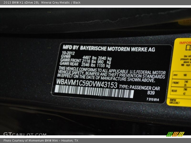 Mineral Grey Metallic / Black 2013 BMW X1 sDrive 28i