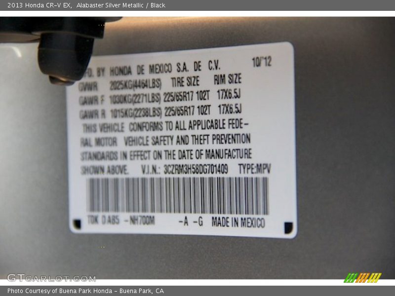 2013 CR-V EX Alabaster Silver Metallic Color Code NH700M