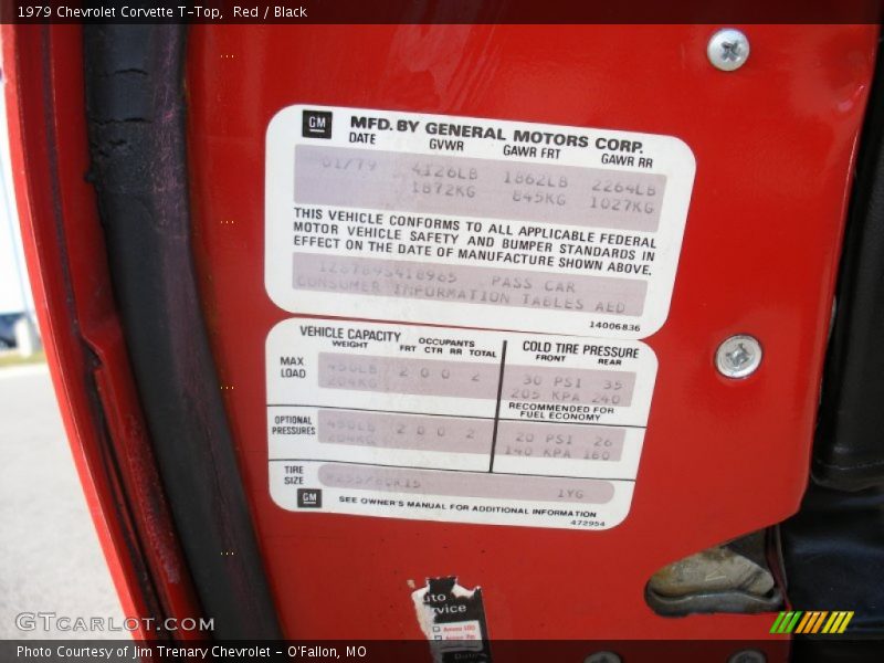 Info Tag of 1979 Corvette T-Top