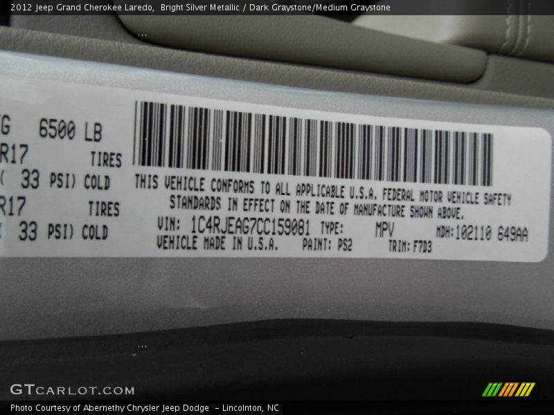 Bright Silver Metallic / Dark Graystone/Medium Graystone 2012 Jeep Grand Cherokee Laredo