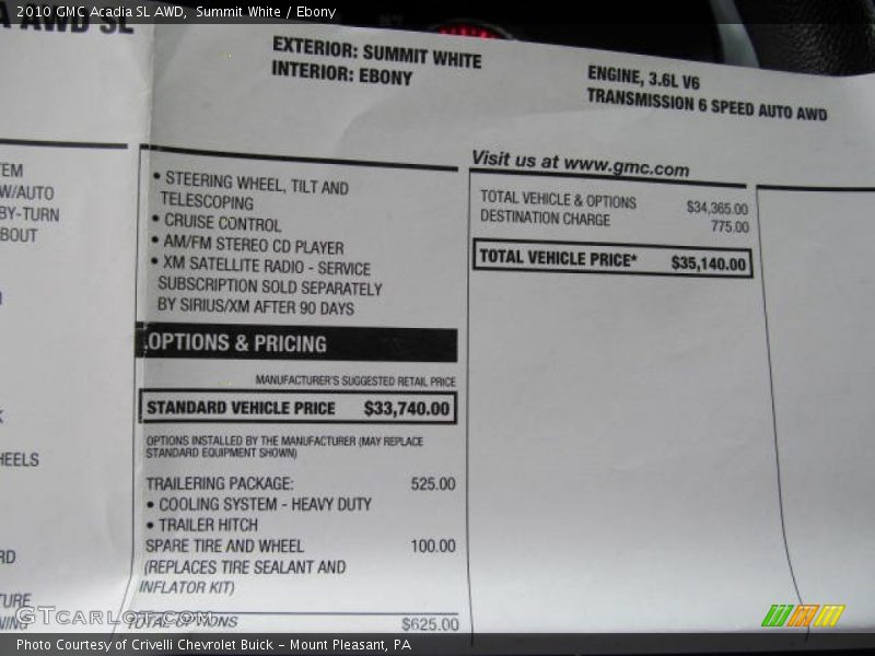 Summit White / Ebony 2010 GMC Acadia SL AWD