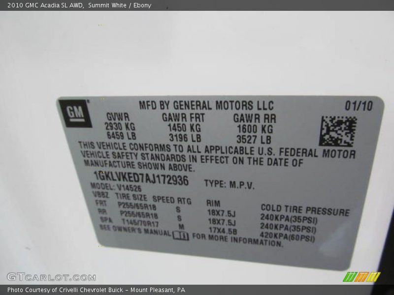 Summit White / Ebony 2010 GMC Acadia SL AWD