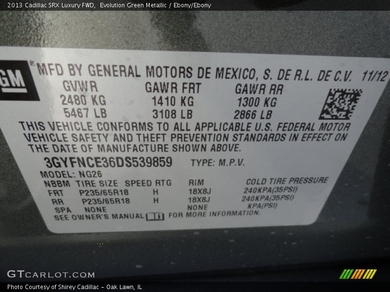 Info Tag of 2013 SRX Luxury FWD