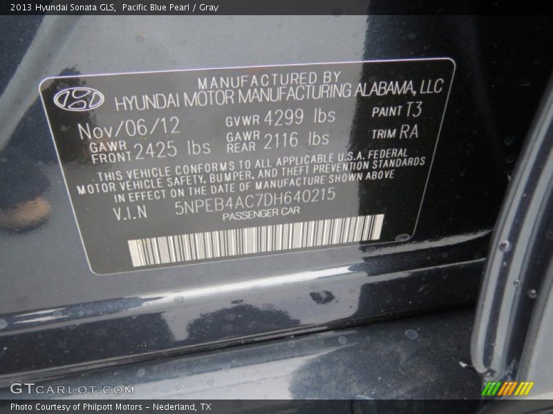 Pacific Blue Pearl / Gray 2013 Hyundai Sonata GLS