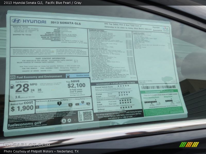 Pacific Blue Pearl / Gray 2013 Hyundai Sonata GLS