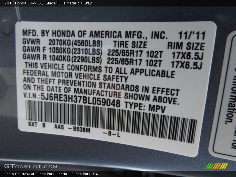 2011 CR-V LX Glacier Blue Metallic Color Code B538M