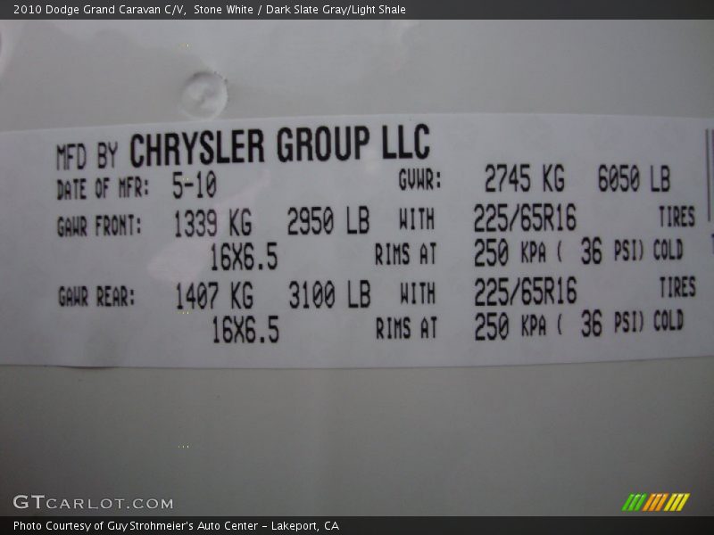 Stone White / Dark Slate Gray/Light Shale 2010 Dodge Grand Caravan C/V