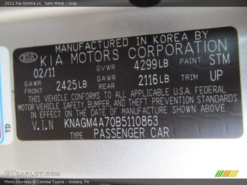 2011 Optima LX Satin Metal Color Code STM