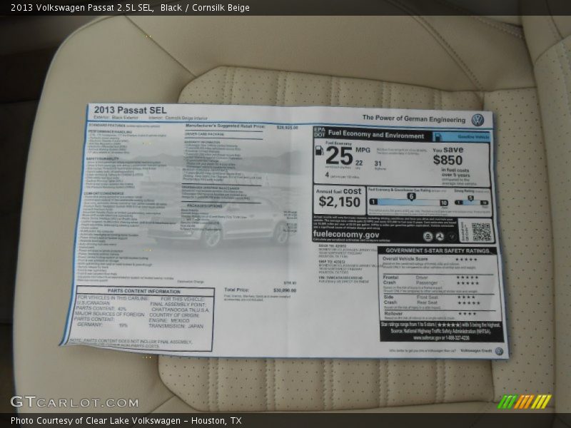 Black / Cornsilk Beige 2013 Volkswagen Passat 2.5L SEL