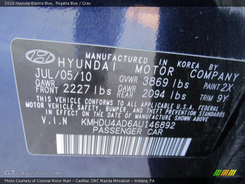 Regatta Blue / Gray 2010 Hyundai Elantra Blue