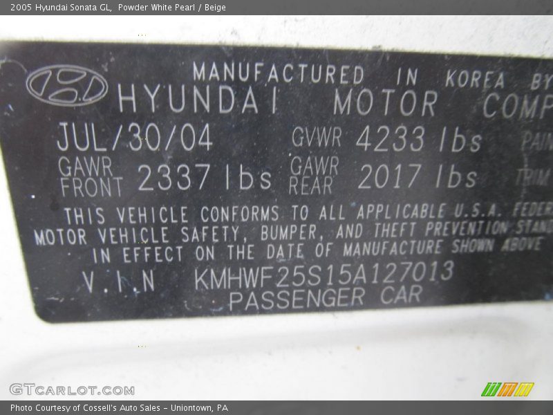 Powder White Pearl / Beige 2005 Hyundai Sonata GL