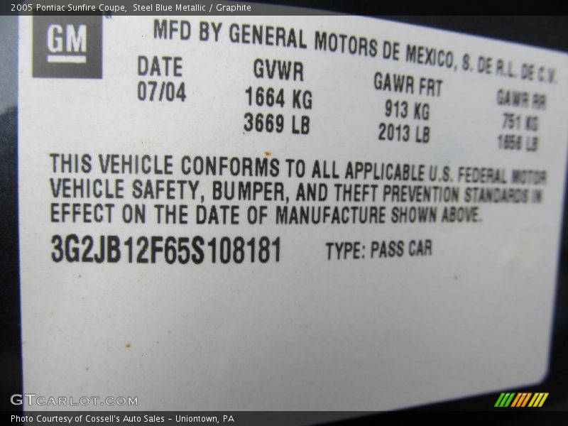 Steel Blue Metallic / Graphite 2005 Pontiac Sunfire Coupe