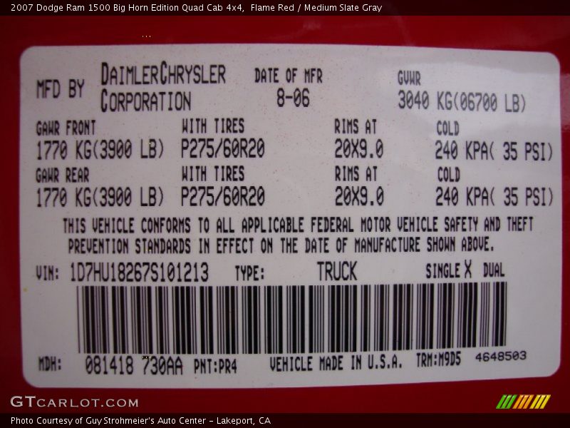 2007 Ram 1500 Big Horn Edition Quad Cab 4x4 Flame Red Color Code PR4