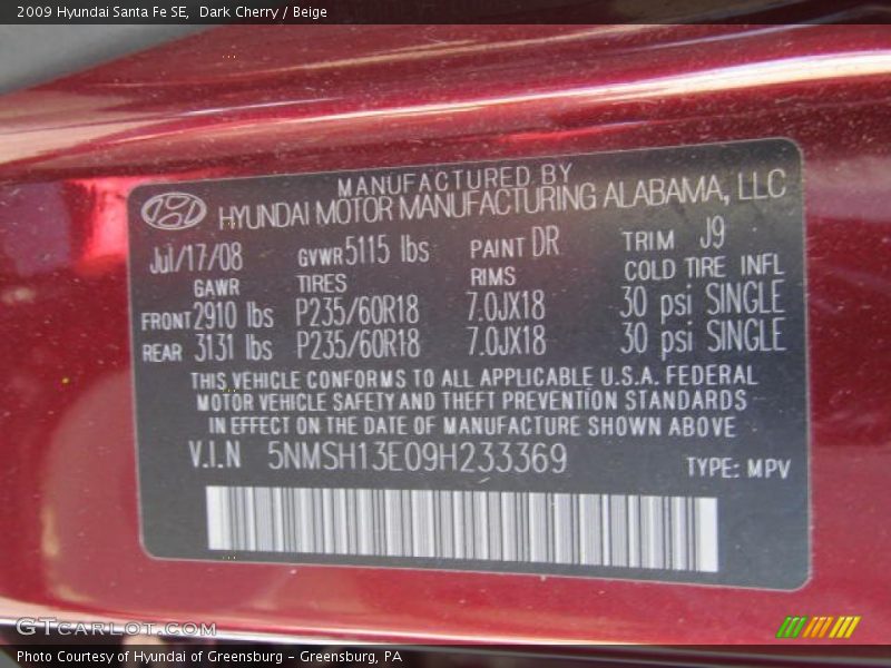 Dark Cherry / Beige 2009 Hyundai Santa Fe SE