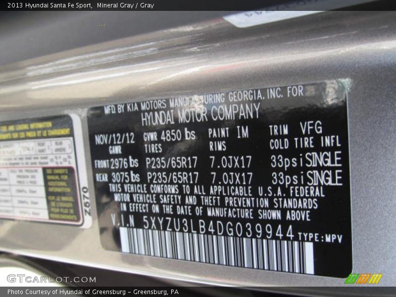 Mineral Gray / Gray 2013 Hyundai Santa Fe Sport