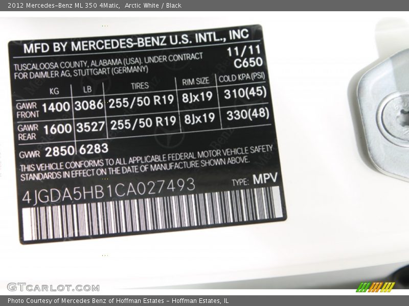 Arctic White / Black 2012 Mercedes-Benz ML 350 4Matic