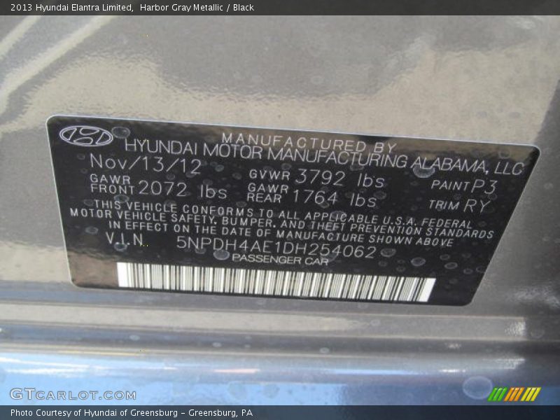 Harbor Gray Metallic / Black 2013 Hyundai Elantra Limited