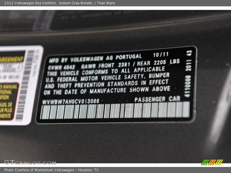 Indium Gray Metallic / Titan Black 2012 Volkswagen Eos Komfort