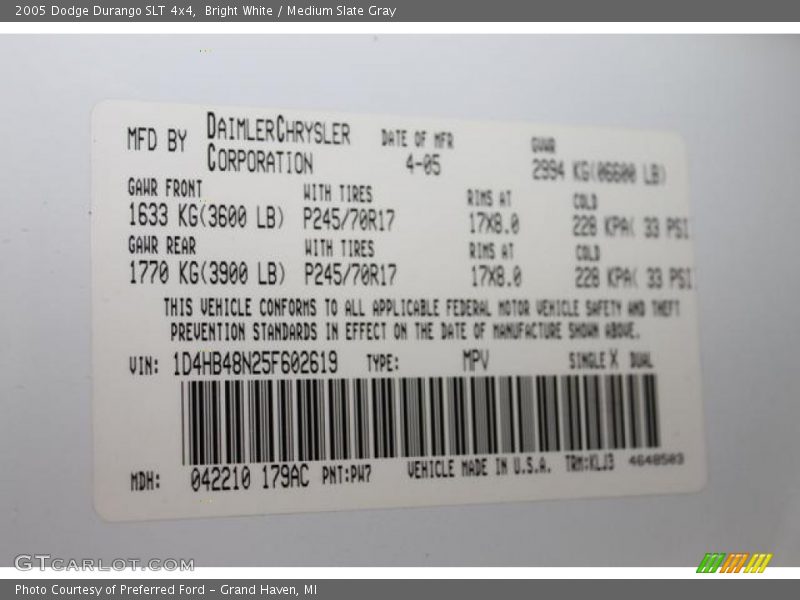 Bright White / Medium Slate Gray 2005 Dodge Durango SLT 4x4