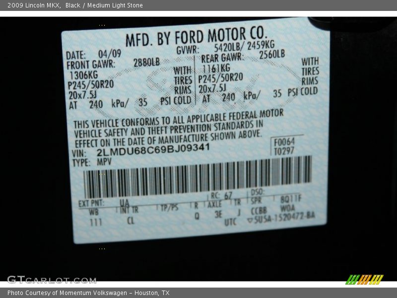 Black / Medium Light Stone 2009 Lincoln MKX