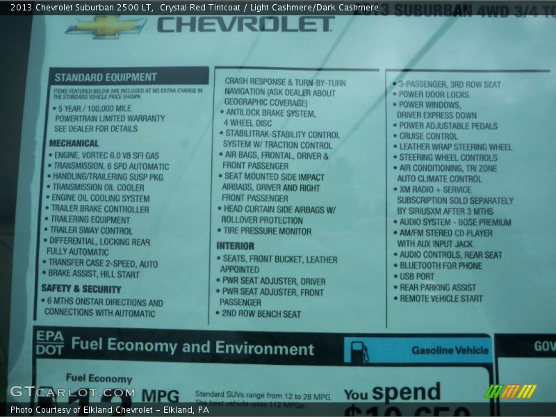 2013 Suburban 2500 LT Window Sticker