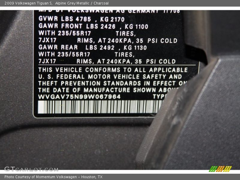 Alpine Grey Metallic / Charcoal 2009 Volkswagen Tiguan S