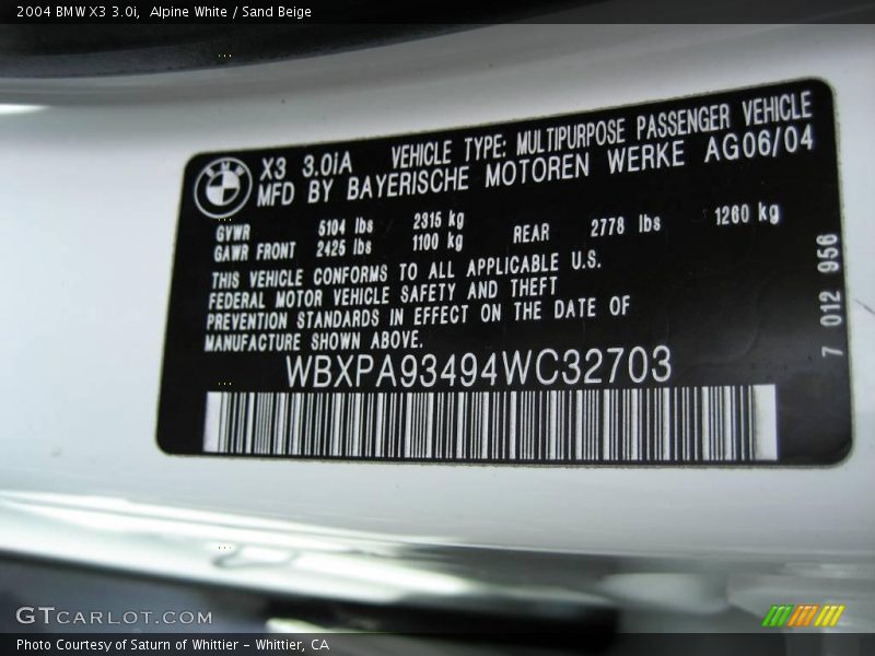 Alpine White / Sand Beige 2004 BMW X3 3.0i
